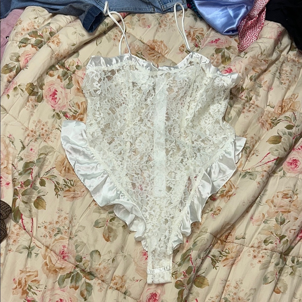 Vintage victoria secret White Lace Bodysuit with Ruffle Trim